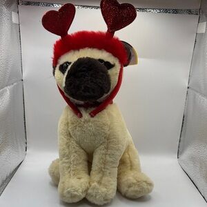 🐾 NWT FAO Schwarz Plush Pug with “Wear or Share” Red Heart Headband – Adorable!